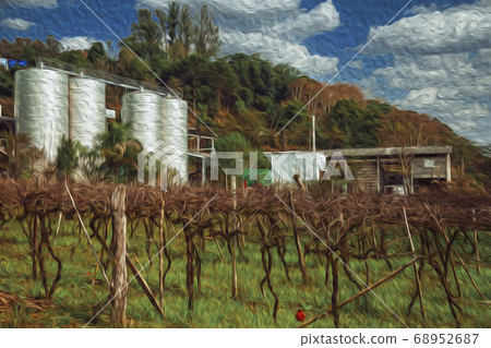 Landscape with vineyard and steel storage tanks 68952687