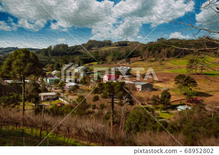 Country houses on a valley with woods and road 68952802