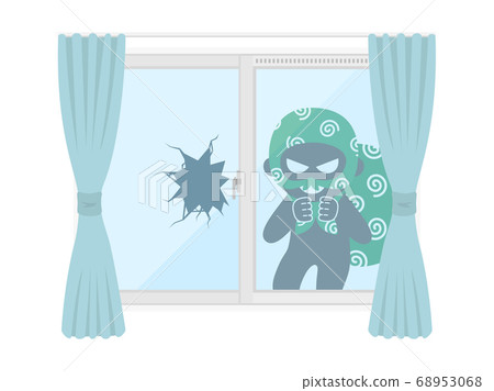 Illustration of a burglar breaking through a window glass 68953068