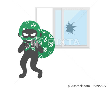 Illustration of a burglar breaking through a window glass 68953070