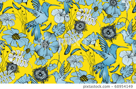 Fantastic flowers and colibri. Seamless pattern. Vector illustration. Suitable for fabric, wrapping paper and the like Fantastic flowers and colibri. Seamless pattern. Vector illustration. Suitable for fabric, wrapping paper and the like 68954149