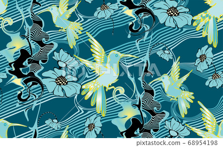 Fantastic flowers and colibri. Seamless pattern. Vector illustration. Suitable for fabric, wrapping paper and the like 68954198