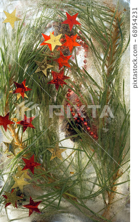 Background of red beads, Christmas star, cone Background of red beads, Christmas star, cone 68954231