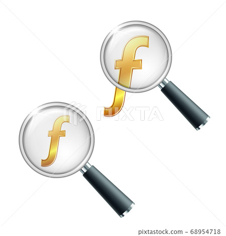Golden Hungarian Forint currency symbol with magnifying glass. 68954718