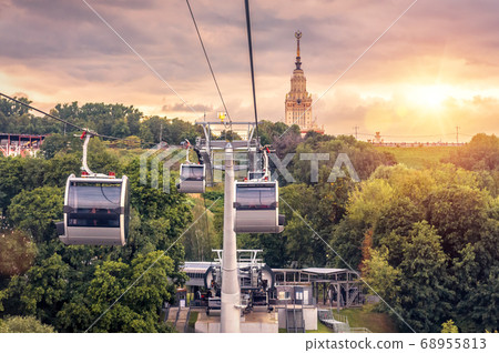 Cable car on Sparrow Hills at sunset, Moscow, Cable car on Sparrow Hills at sunset, Moscow, 68955813