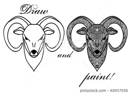 Coloring book page with patterned head of a ram or 68957036