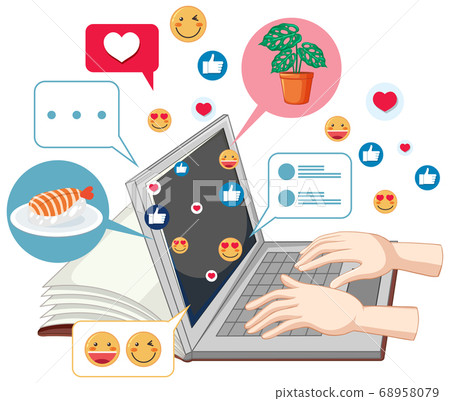 Laptop with social media emoji icon cartoon style 68958079