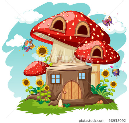 Stump mushroom house and in the garden cartoon 68958092