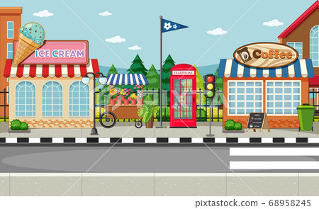 Street side scene with ice cream shop and coffee Street side scene with ice cream shop and coffee 68958245