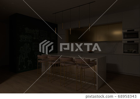 3D render of a kitchen with big cooking island 68958343