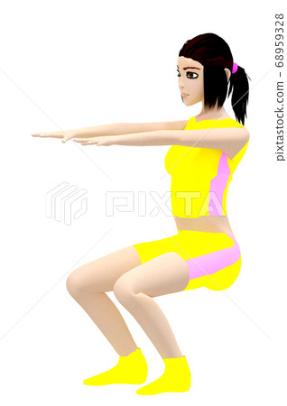 Cute woman doing squat exercises, 3D rendering Cute woman doing squat exercises, 3D rendering 68959328