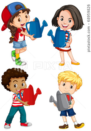 Set of different four kids holding watering can 68959826