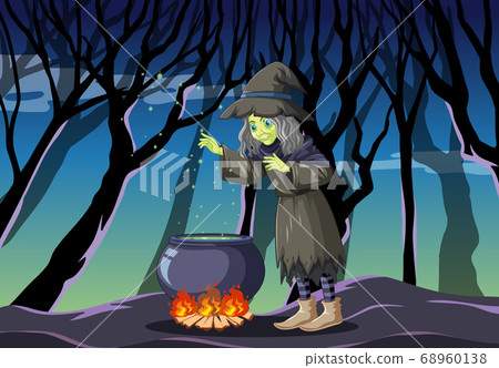 Witch with black magic pot cartoon style on dark 68960138