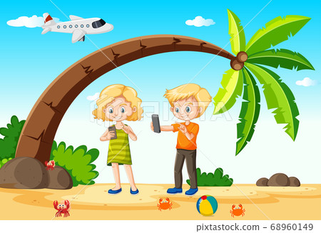 Kids using smart phone during travelling with Kids using smart phone during travelling with 68960149