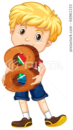 Cute boy with blonde hair holding math number 68961333
