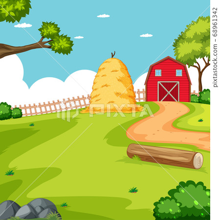 Farm scene in nature with barn and straw Farm scene in nature with barn and straw 68961342