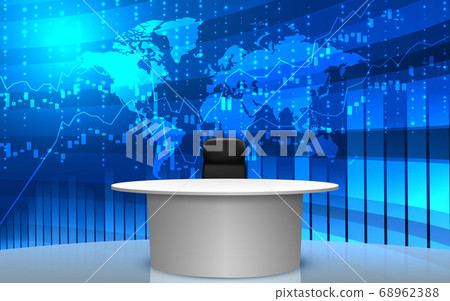 white table and chairs with lcds background in the news studio room 68962388