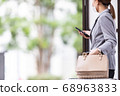 A woman waiting for a bus at the bus stop 68963833