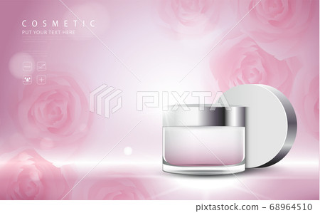 cosmetic product poster, bottle package design with moisturizer cream or liquid, sparkling background with glitter polka. 68964510