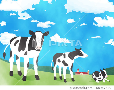 Watercolor ranch and calf landscape illustration 68967429