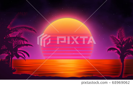 Retro background futuristic landscape with palm... - Stock Illustration ...