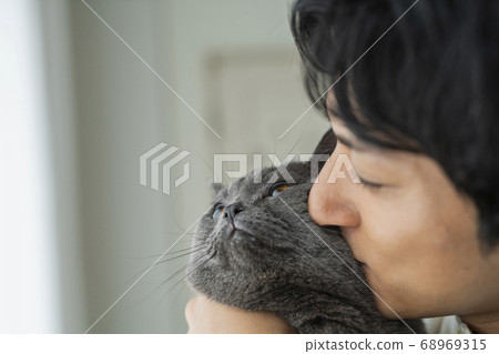 Remote work men and cats Remote work men and cats 68969315