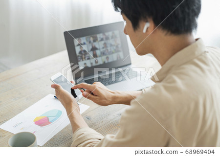 Remote work men and cats Remote work men and cats 68969404