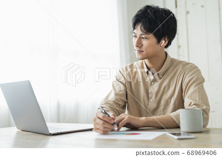 Remote work men and cats Remote work men and cats 68969406