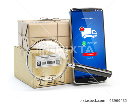 Smartphone with cardboard boxes and loupe isolated 68969483