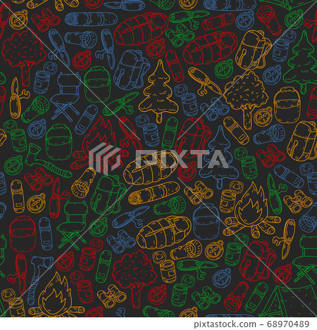 Vector illustration, pattern. Big set linear icon camping and travel Vector illustration, pattern. Big set linear icon camping and travel 68970489