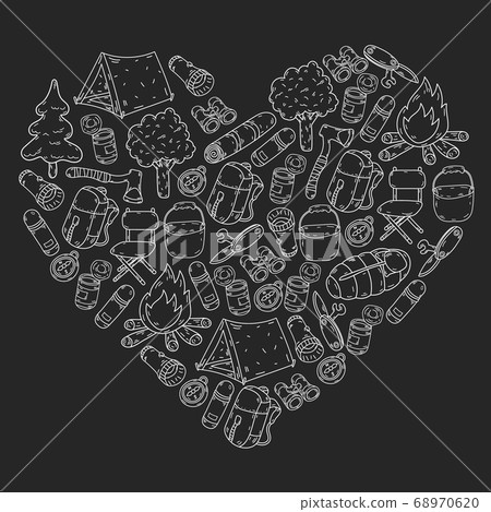 Vector illustration, pattern. Big set linear icon camping and travel 68970620