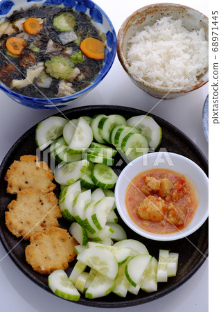 vegan daily meal for lunch, cucumber slice with tofu cheese, seaweed soup, rice bowl, simple vegetarian Vietnamese food vegan daily meal for lunch, cucumber slice with tofu cheese, seaweed soup, rice bowl, simple vegetarian Vietnamese food 68971445