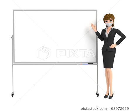 3D Illustration-Masked office lady explains on board 3D Illustration-Masked office lady explains on board 68972629