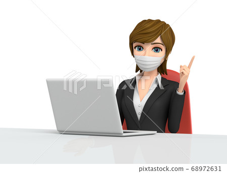 3D illustration-Masked office lady explaining on PC 68972631