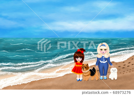 Two cute girls with two dogs walks along the 68973276