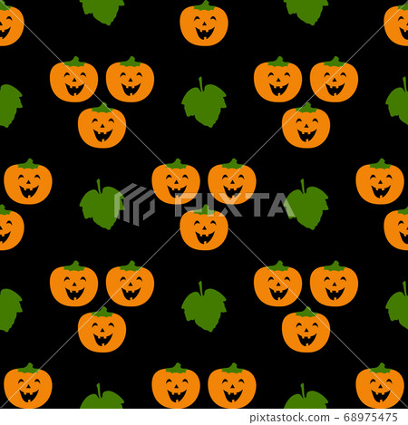 Happy pumpkins with leaves on a black background. Seamless pattern for Halloween. Cute vector illustrations for holiday decorations, festive cards, banners, wrappings, prints, fabrics, textiles, etc. 68975475