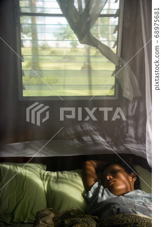 woman sleeping under a mosquito net 68975681