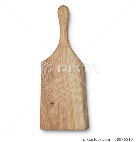 Oak handmade wood cutting board top view isolated over white background. Organic serving plate 68976510