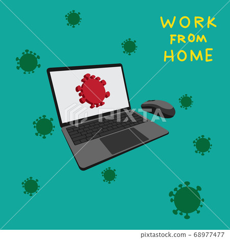 Computer notebook and symbol of virus corona on green background. Computer notebook and symbol of virus corona on green background. 68977477