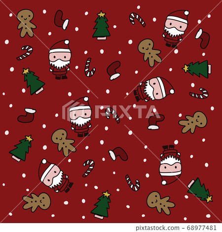 Pattern of Santa with christmas tree and gingerbread and sock and candy cane Pattern of Santa with christmas tree and gingerbread and sock and candy cane 68977481