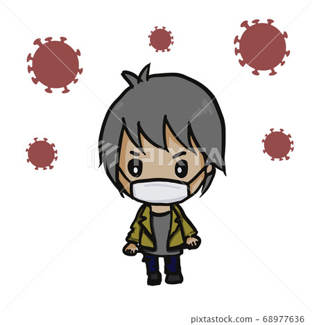 Masked cartoon man prevent germs with symbol of virus corona. 68977636