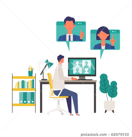 一個人在家遠程辦公的圖像插圖 一個人在家遠程辦公的圖像插圖 68979550