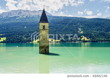 Church in the water at Lake Reschen in Tyrol in Church in the water at Lake Reschen in Tyrol in 68982146