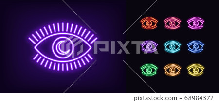 Neon magic eye icon. Glowing neon eye with 68984372