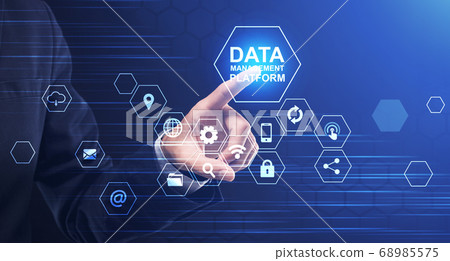 Data Management Platform. Businessman Pressing Button On Screen With Multimedia Icons, Collage Data Management Platform. Businessman Pressing Button On Screen With Multimedia Icons, Collage 68985575