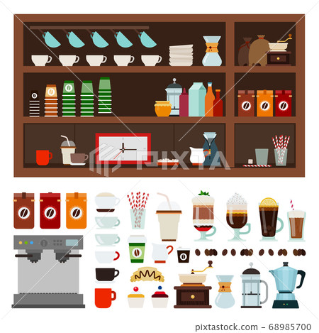 Collection of goods for a coffee shop vector illustration in a flat design. Collection of goods for a coffee shop vector illustration in a flat design. 68985700