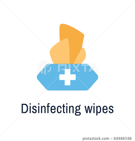 Disinfectant wipes isolated flat icon. Cleaning napkin color logo. Health safety good hygiene element design. Hand wash pandemic sign. Surface wiping, disinfection. Flat sanitary vector illustration. Disinfectant wipes isolated flat icon. Cleaning napkin color logo. Health safety good hygiene element design. Hand wash pandemic sign. Surface wiping, disinfection. Flat sanitary vector illustration. 68986586