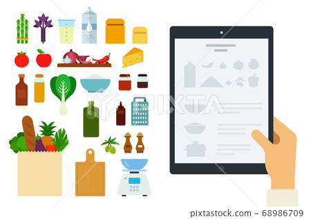 Vector image of a tablet with an online recipe and ingredients illustration in a flat design. Vector image of a tablet with an online recipe and ingredients illustration in a flat design. 68986709