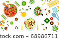 Image of pasta, salad and assorted ingredients vector illustration in a flat design. 68986711