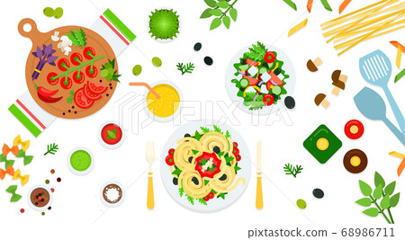 Image of pasta, salad and assorted ingredients vector illustration in a flat design. Image of pasta, salad and assorted ingredients vector illustration in a flat design. 68986711